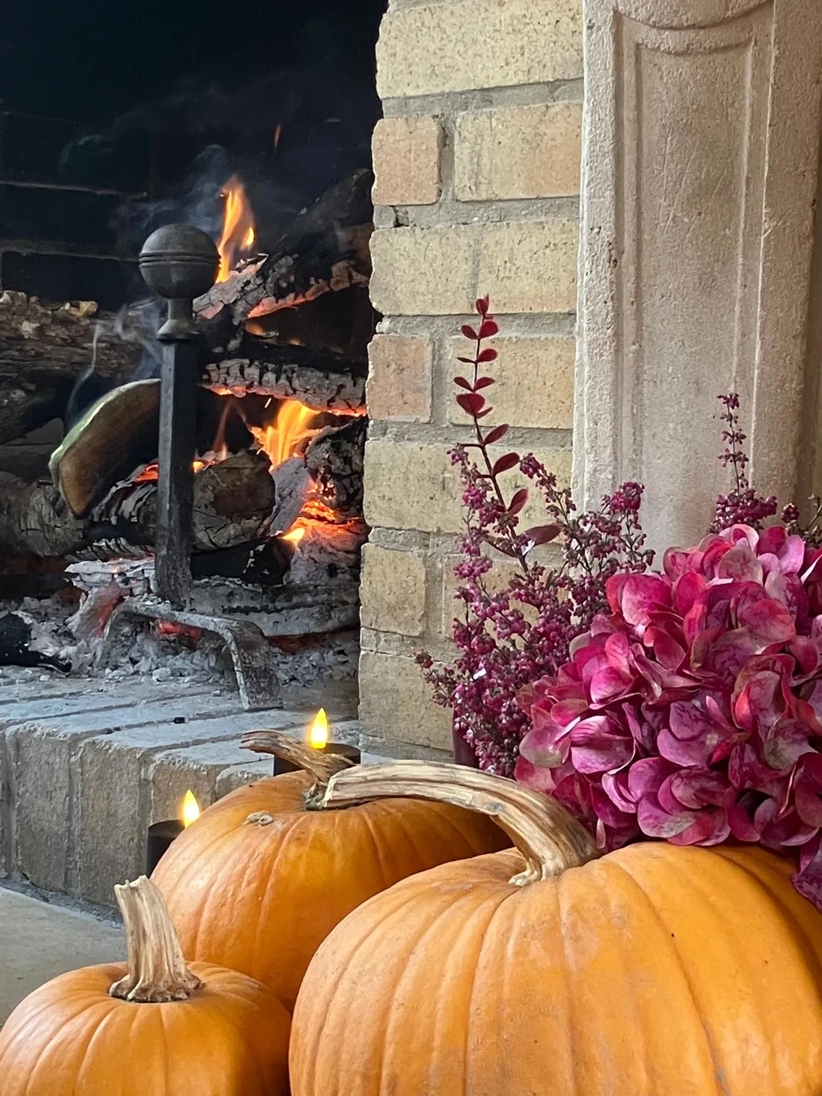 Le feu de cheminée du salon, potirons et hortensias