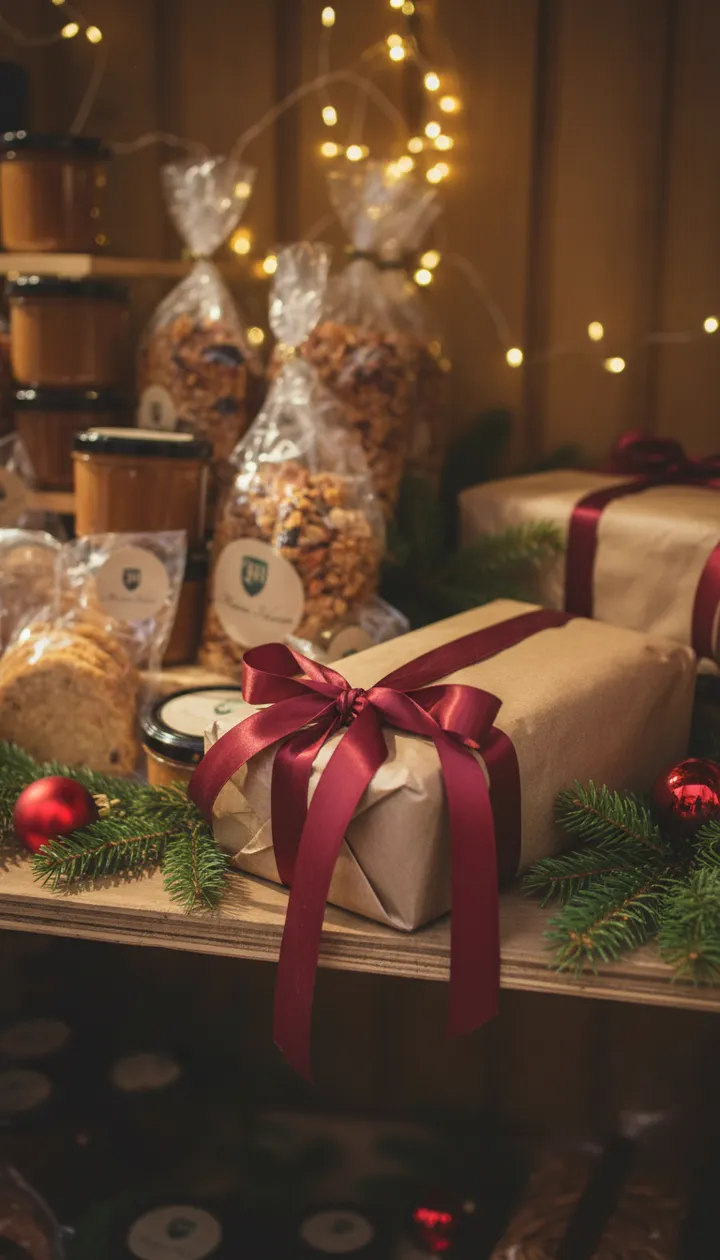 Granolas Maison Félicien et cake emballé de papier kraft et de ruban rouge